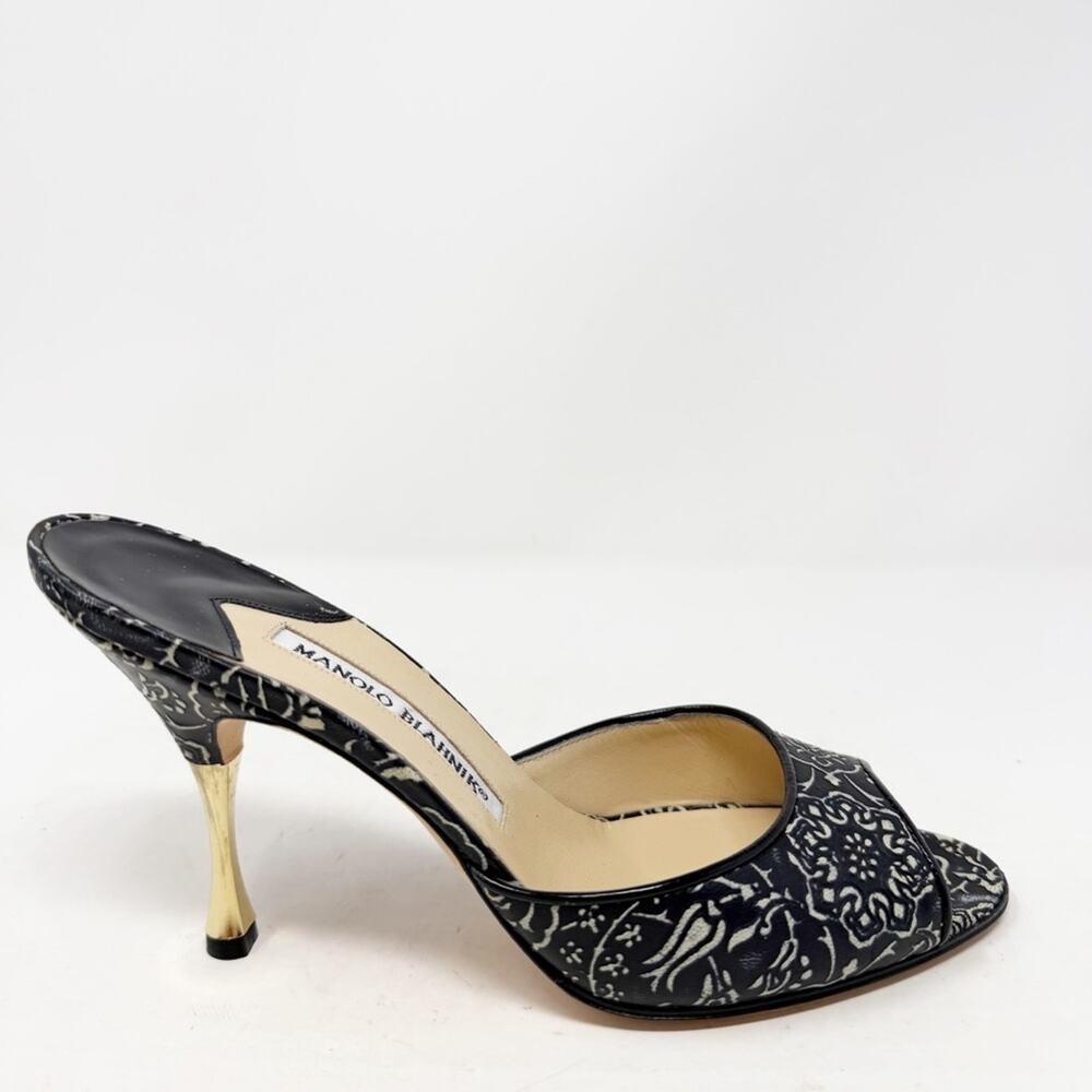 Manolo Blahnik Black Floral Print Mules Womens Size EU 37 - Picture 5 of 10